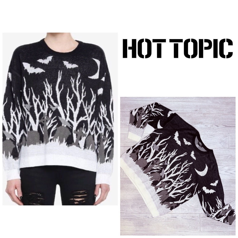 Thorn and fable hot topic sm haunted graveyard bat long sleeve sweater shirt